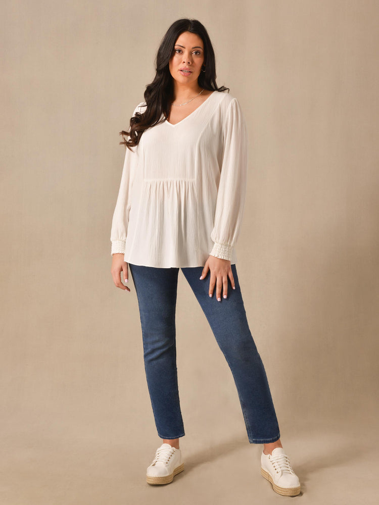 Ivory Crinkled V-Neck Smock Top