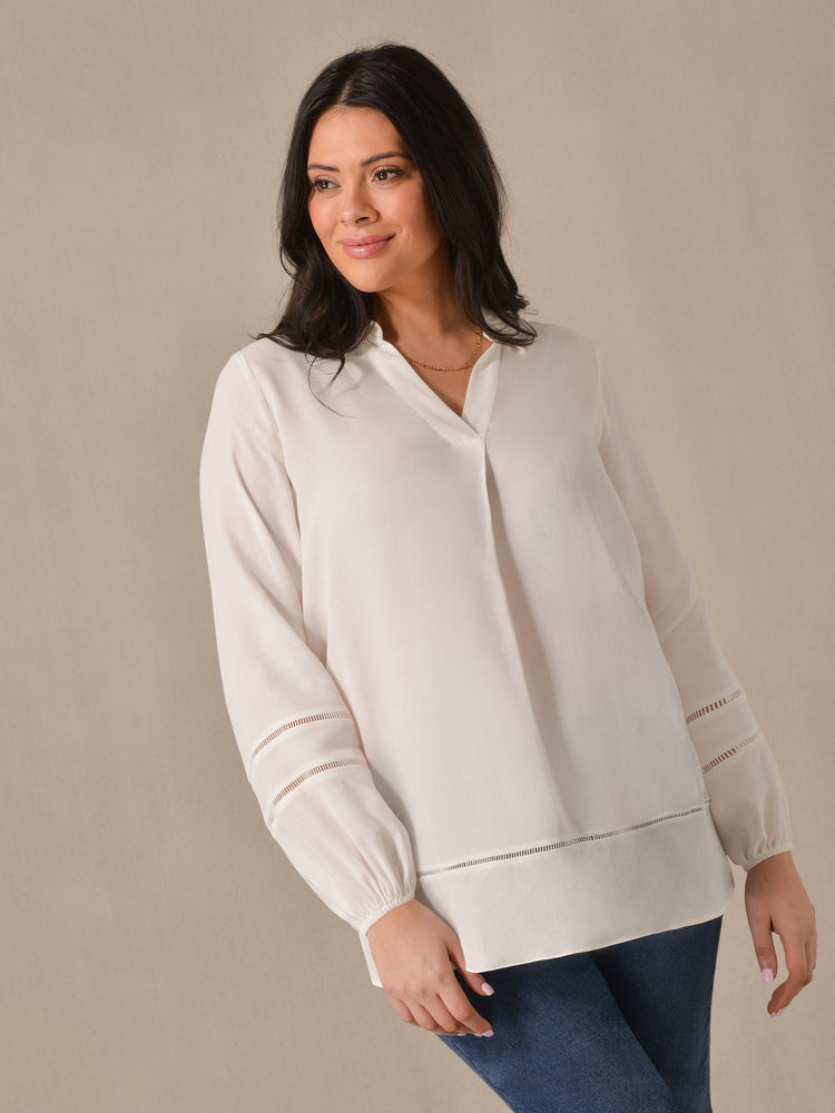 Ivory Ladder Trim V-Neck Blouse