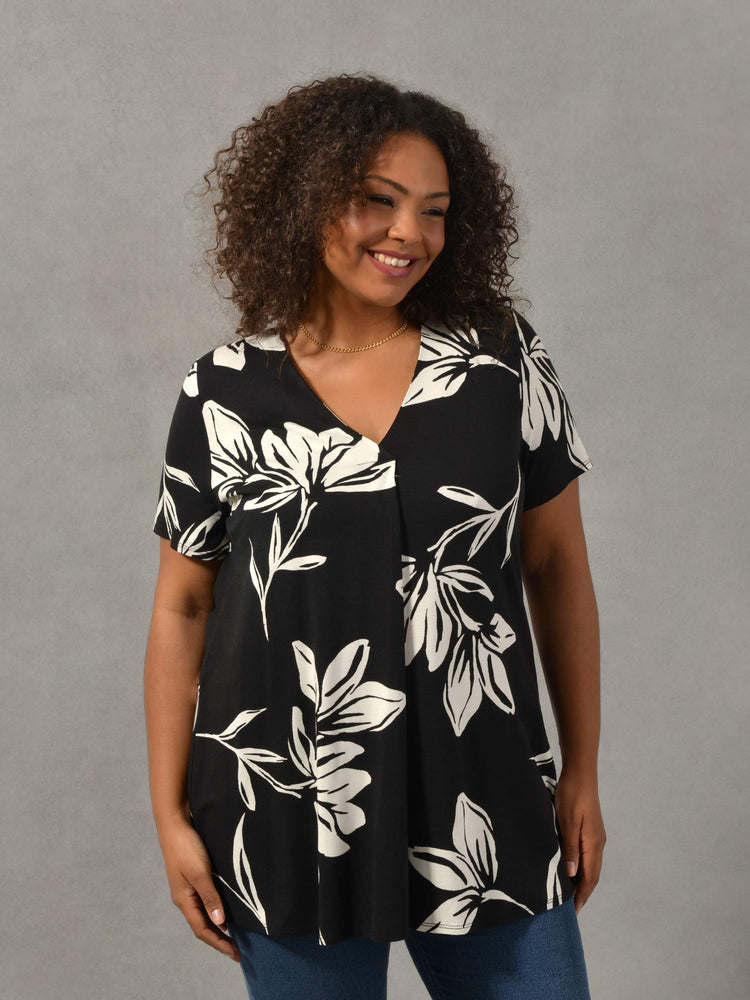 Mono Floral Print Pleat Front Jersey Top