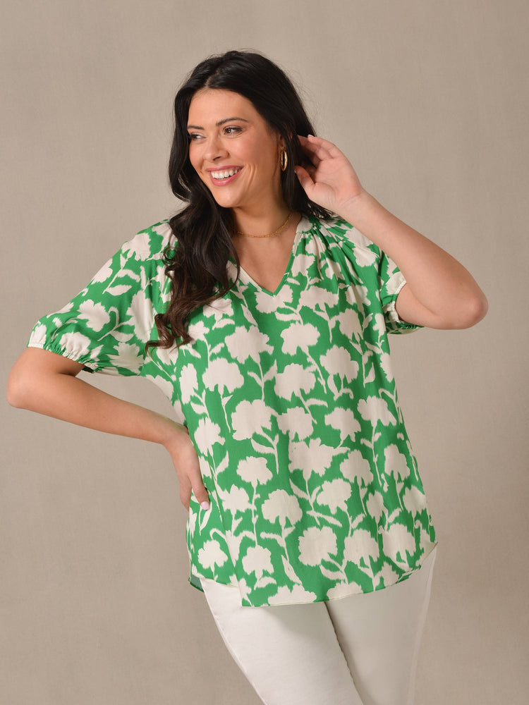Green Floral Print Short Sleeve Blouse
