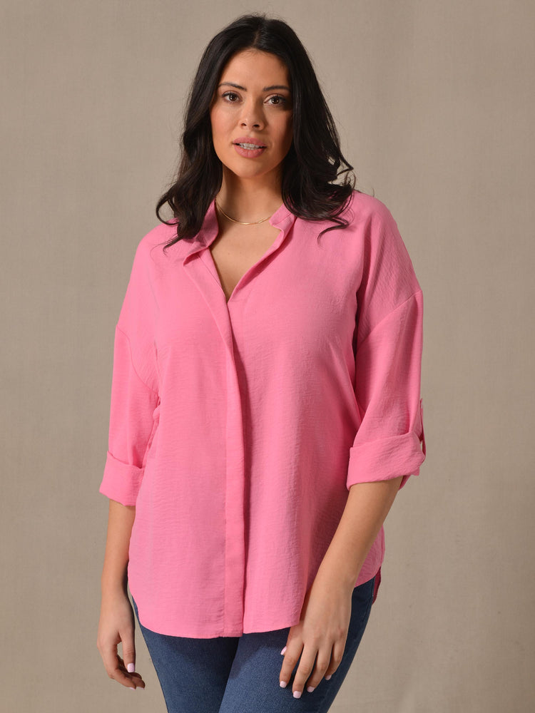 Pink Roll Tab Sleeve Blouse
