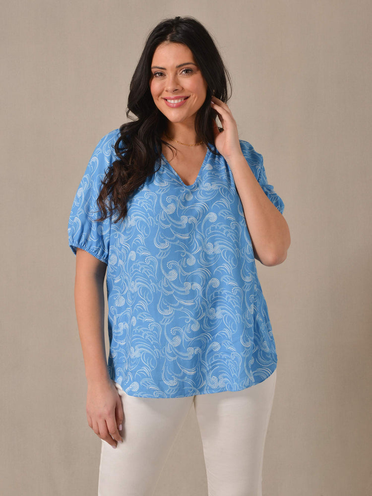 Blue Swirl Print Short Sleeve Blouse