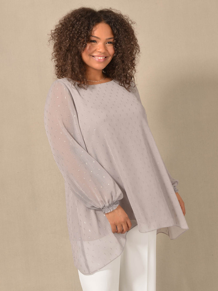 Grey Shimmer Chiffon Blouse With Shirred Cuffs