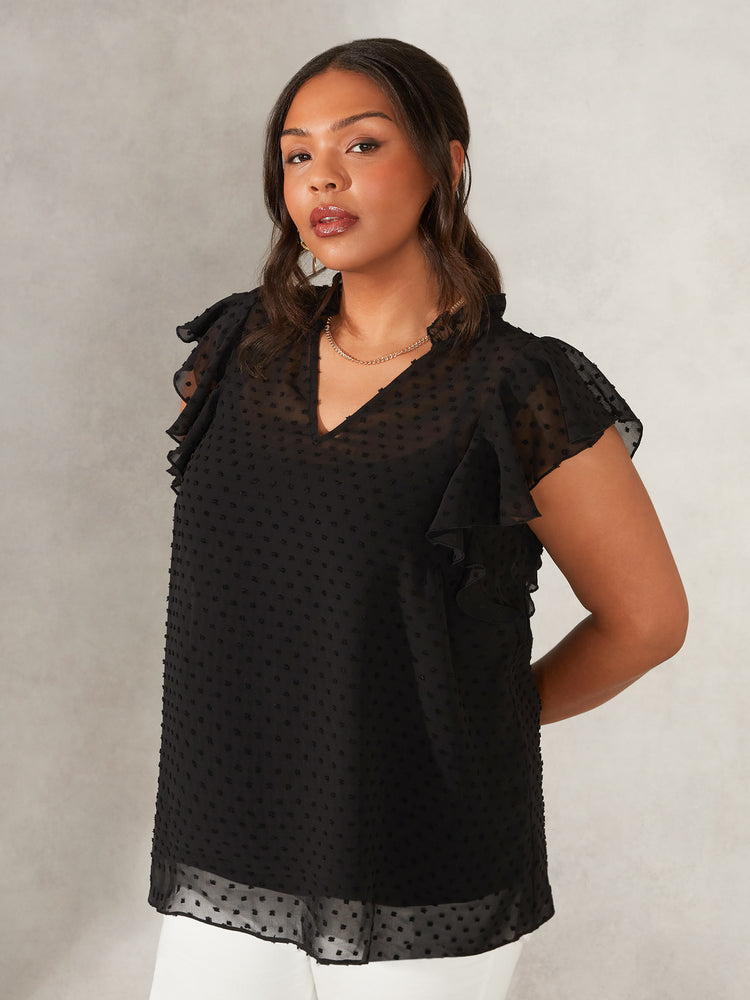 Black Dobby Ruffle Sleeve Blouse