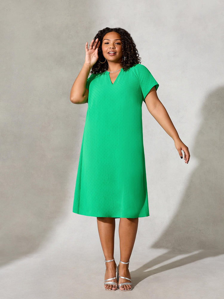Green Jacquard Shirred Shoulder Dress