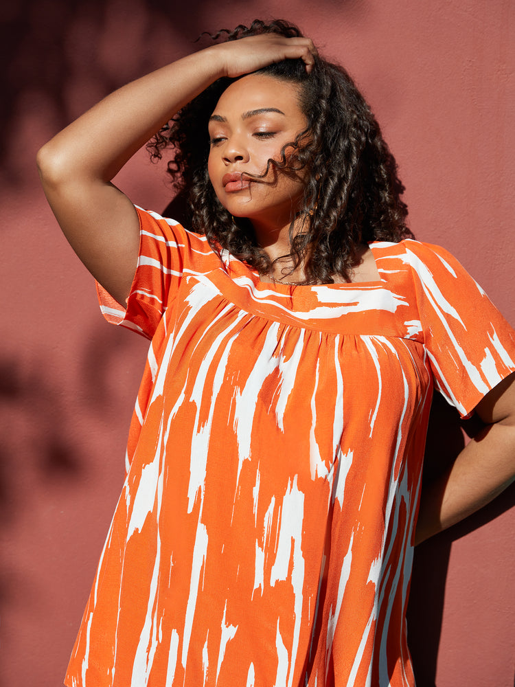 Orange Brushstroke Print Square Neck Blouse