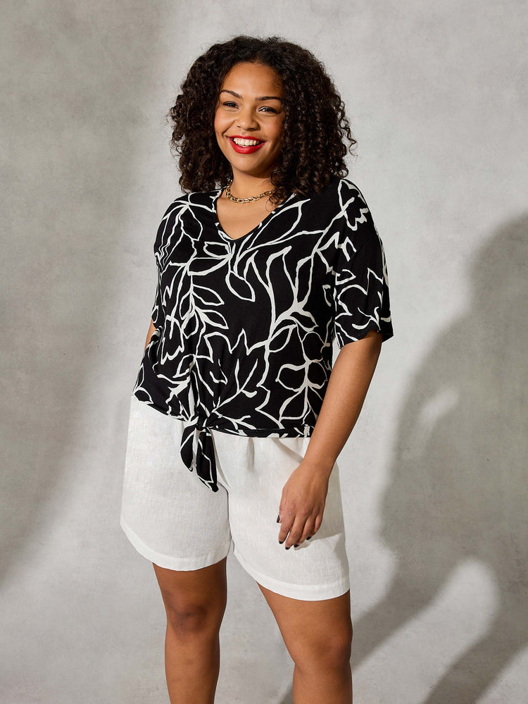 Black Linear Floral Print Tie Up Jersey T-Shirt