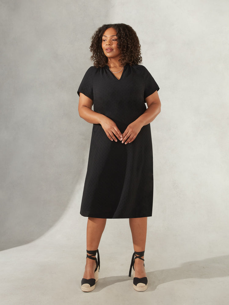 Black Jacquard Shirred Shoulder Dress