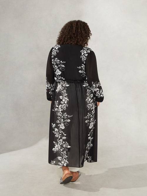 Black Floral Placement Print Longline Kimono