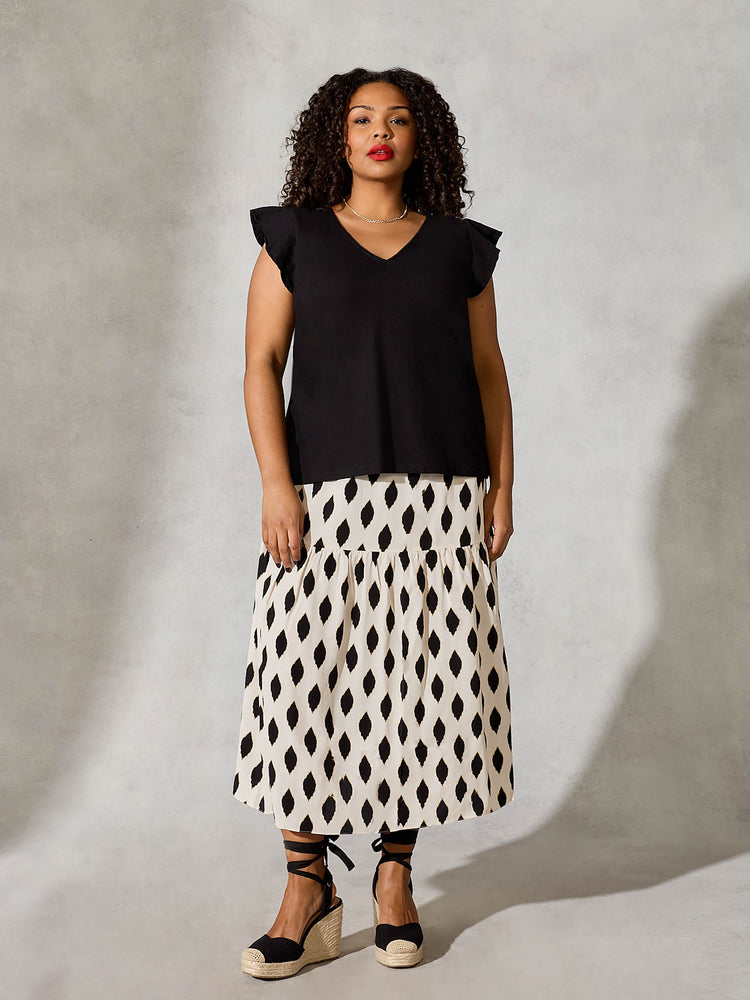 Black Frill Sleeve Cotton Textured T-Shirt