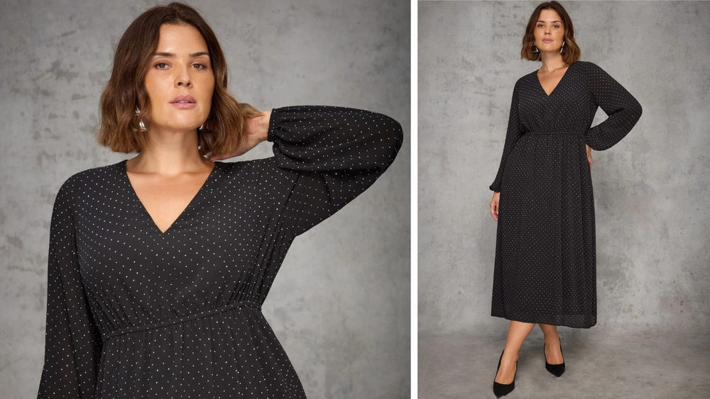 Model wears Mono Floral Jersey Shirred Cuff Maxi Dress