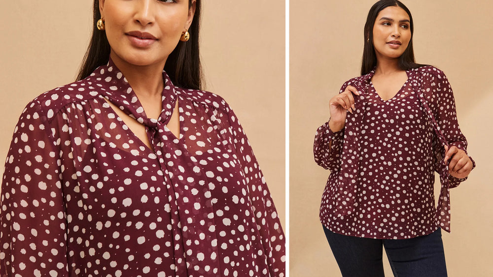 Model wears Red Spot Print Jersey Pleat Front Top
