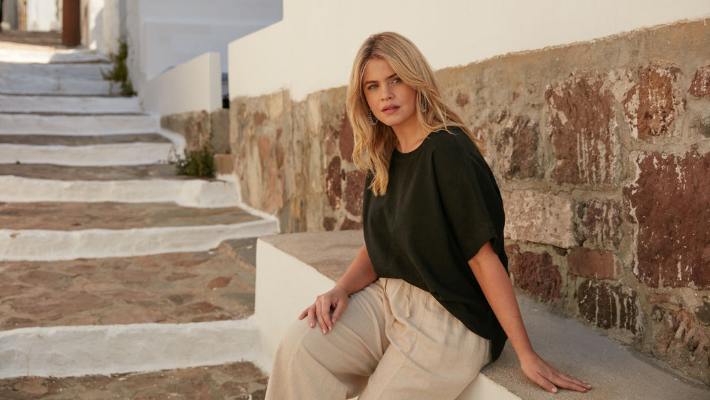 Model wears Black Linen Blend Round Neck Top and Natural Linen Blend Wide Leg Cropped Trousers