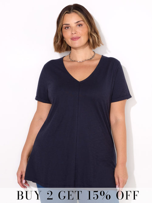 Navy Cotton Slub V-Neck Longline T-Shirt