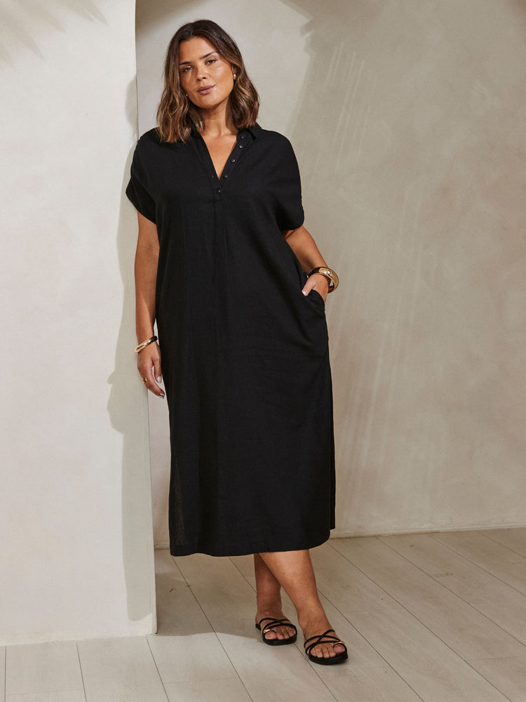 Black Linen Blend Chuck On Shirt Dress