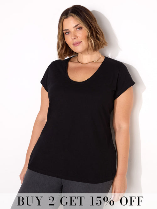 Black Cotton Slub Scoop Neck T-Shirt