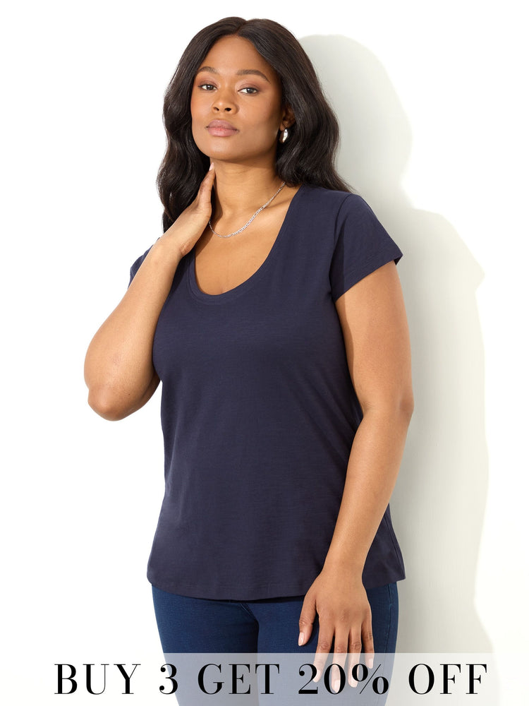 Navy Cotton Slub Scoop Neck T-Shirt