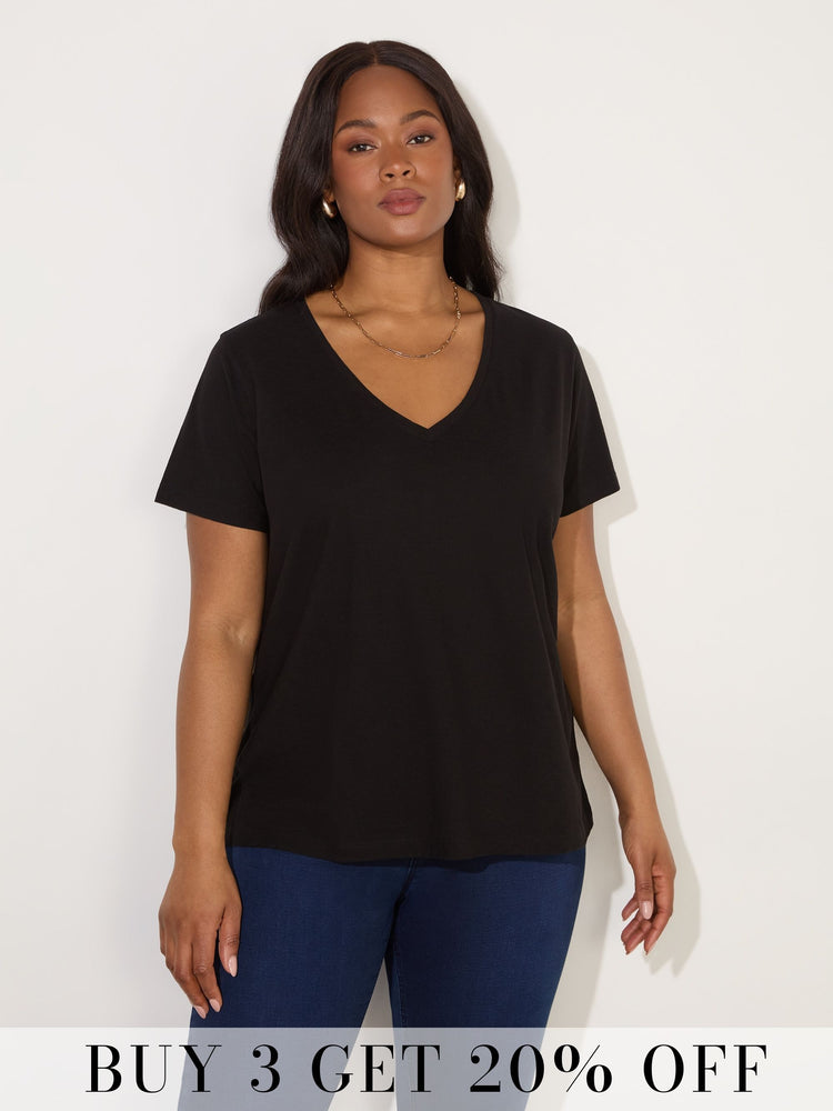 Black Cotton Slub V-Neck T-Shirt