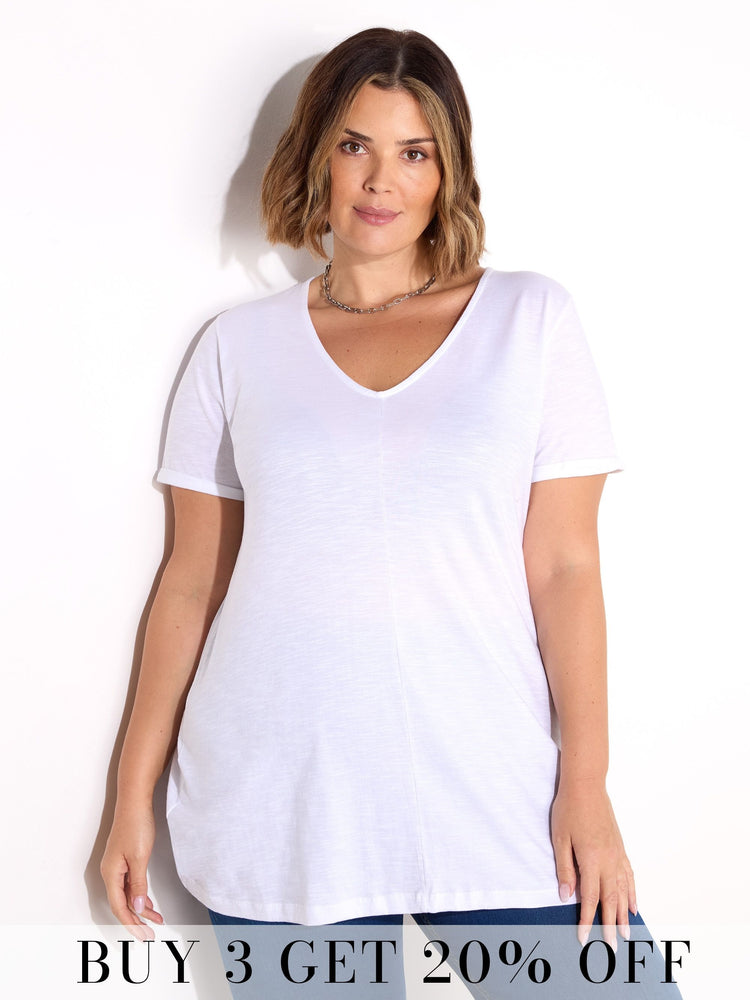 White Cotton Slub V-Neck Longline T-Shirt