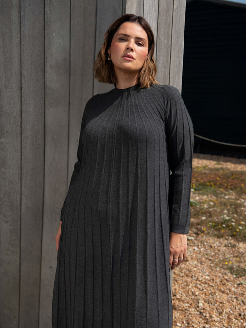 Grey Rib Knitted Midi Dress