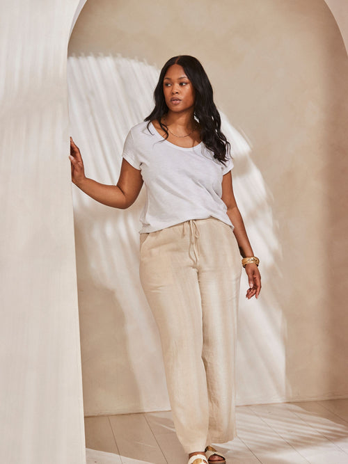 Petite Natural Linen Blend Full Length Drawstring Trouser