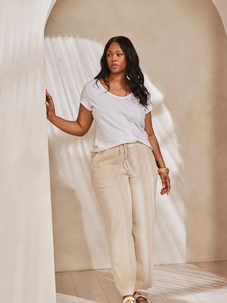 Petite Natural Linen Blend Full Length Drawstring Trouser