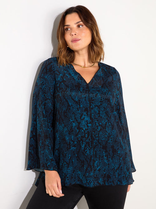 Blue Snake Print V-Neck Blouse