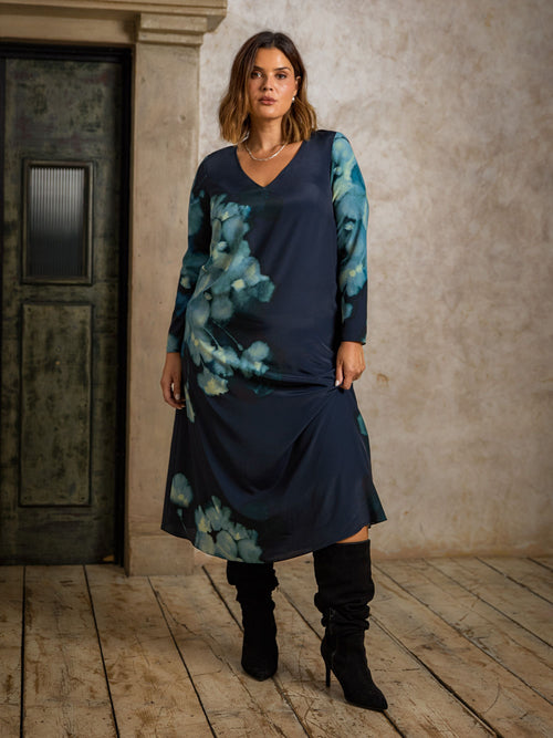 Blue Floral Print Long Sleeve Midaxi Dress