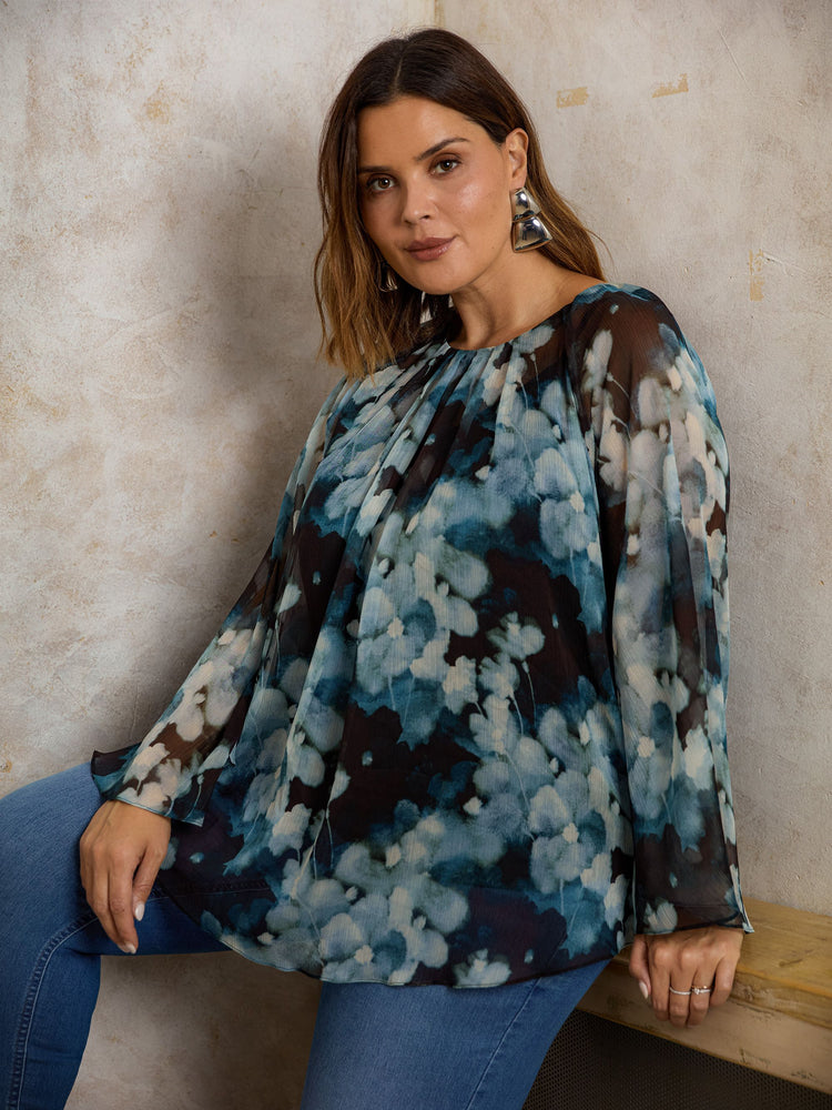 Blue Floral Crinkle Chiffon Blouse