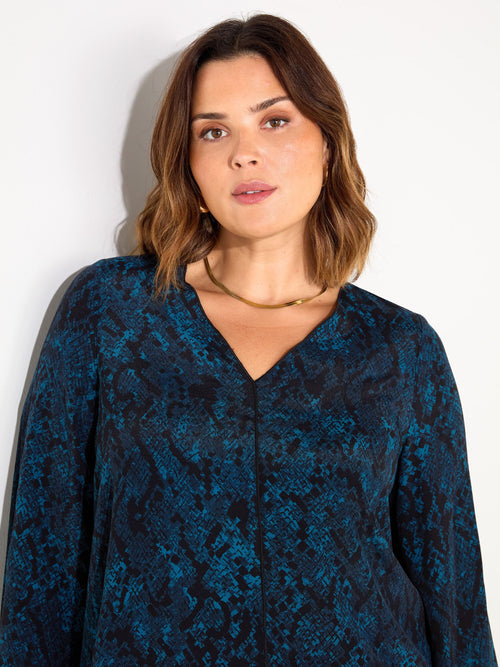 Blue Snake Print V-Neck Blouse