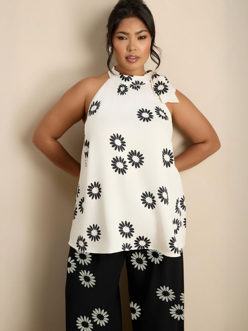 White Floral Print Bow Halter Neck Top