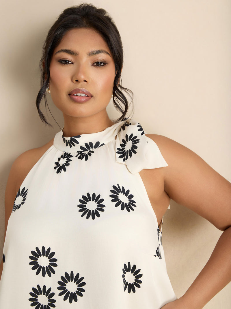 White Floral Print Bow Halter Neck Top