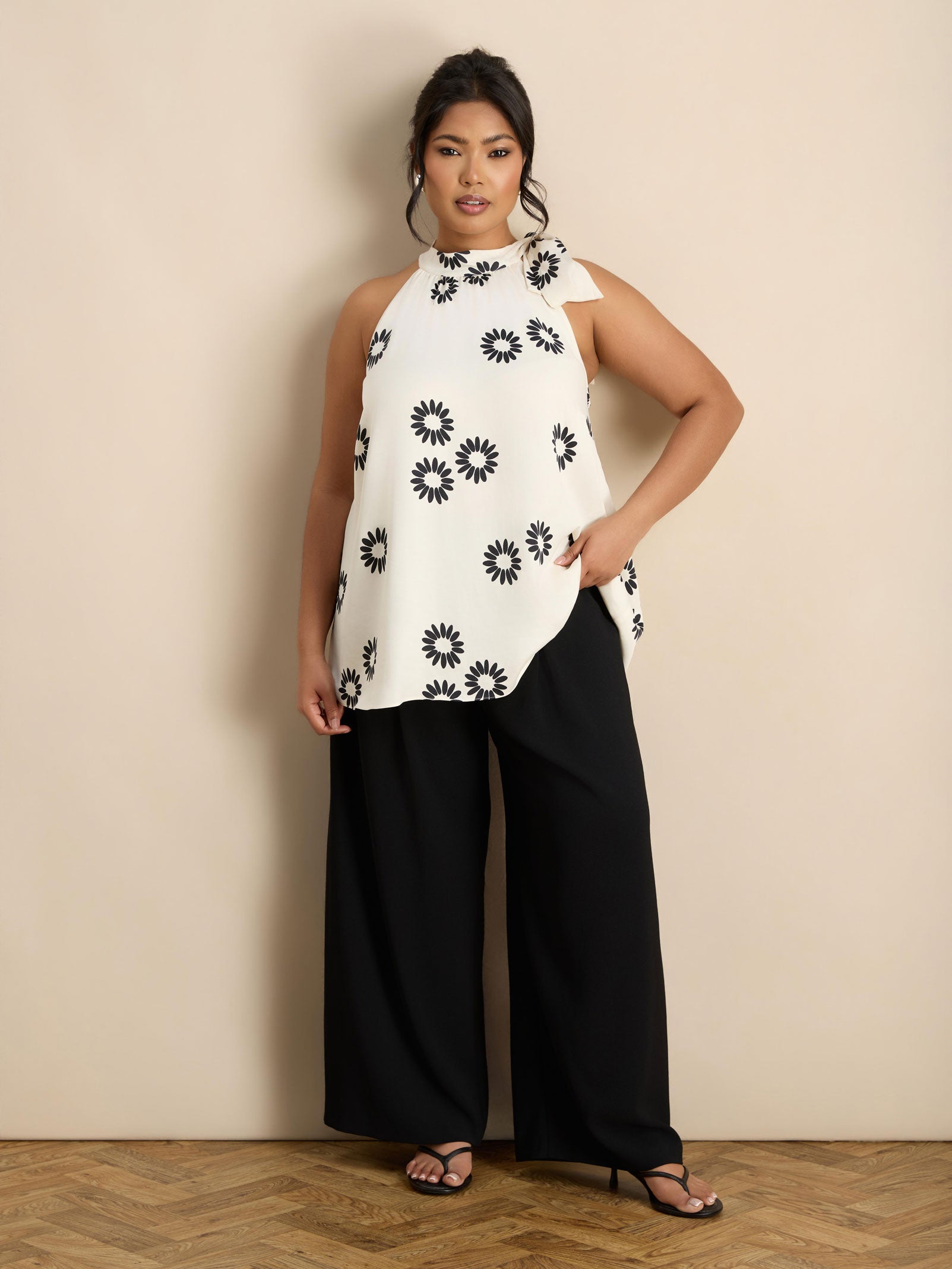 White Floral Print Bow Halter Neck Top