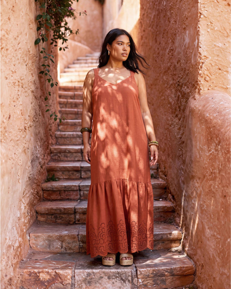 Terracotta Linen Blend Broderie Maxi Dress