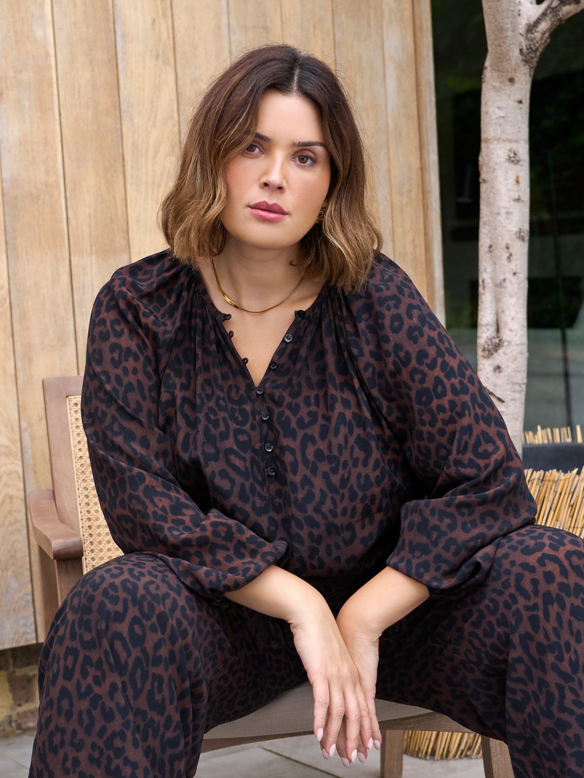 Chocolate Leopard Print Button Front Blouse