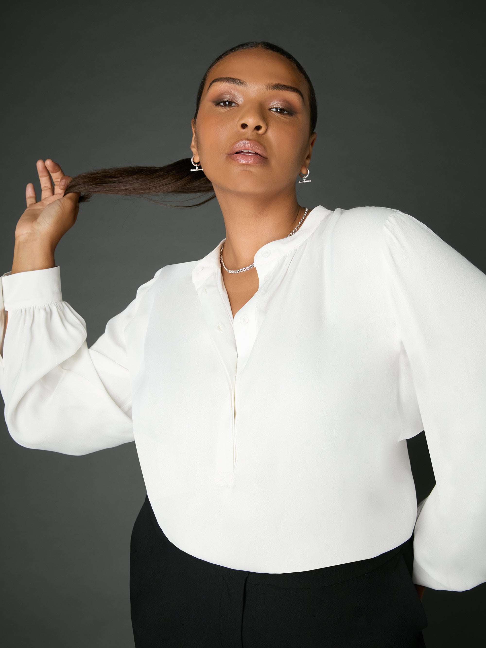 Ivory Satin Gathered Neck Blouse 