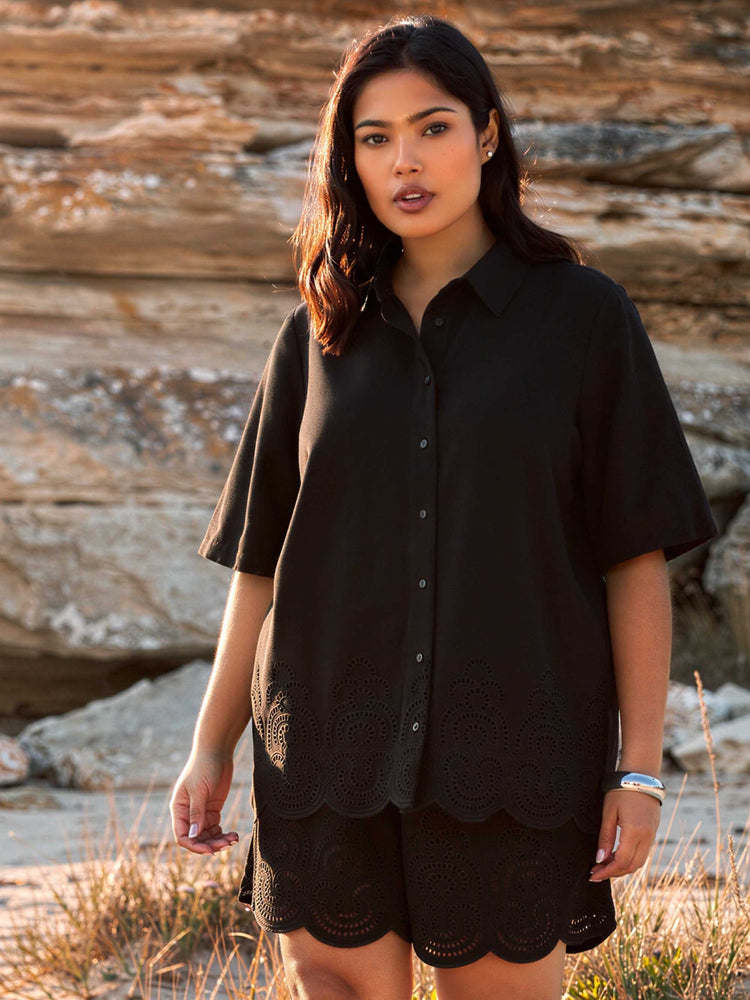 Black Linen Blend Broderie Shirt
