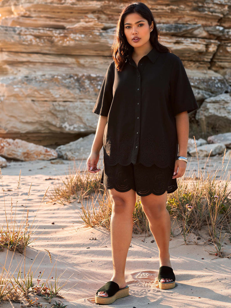 Black Linen Blend Broderie Shorts