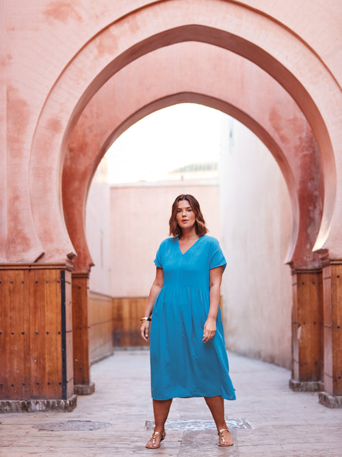 Blue Pintuck Midi Dress