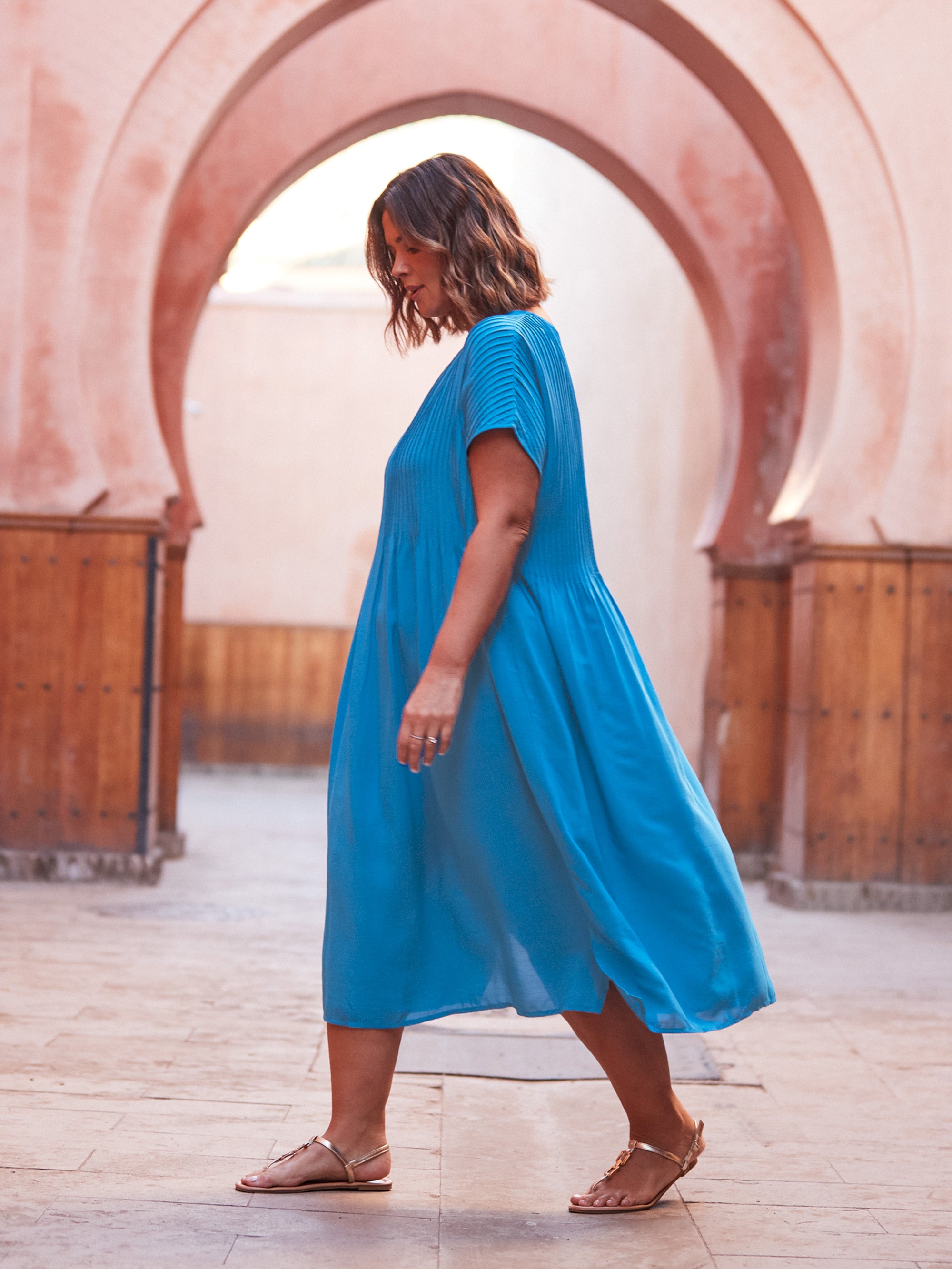 Blue Pintuck Midi Dress