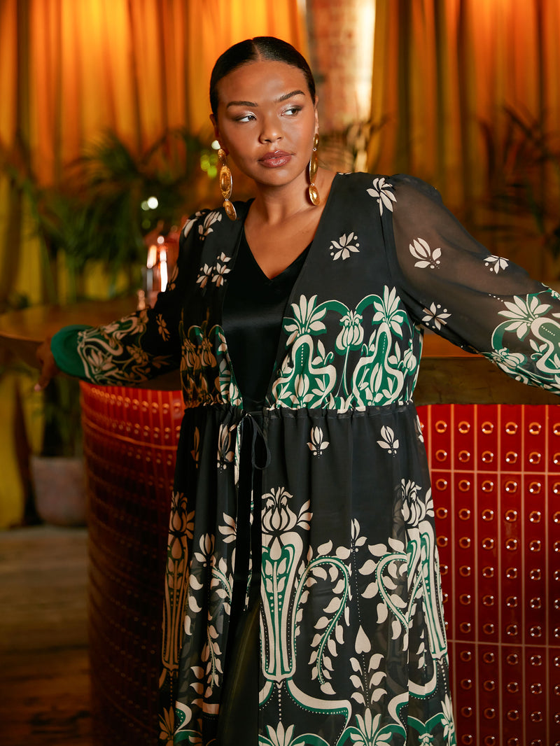 Black & Green Placement Print Longline Kimono