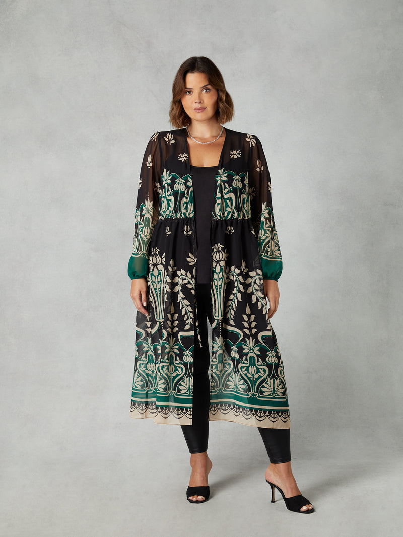 Black & Green Placement Print Longline Kimono
