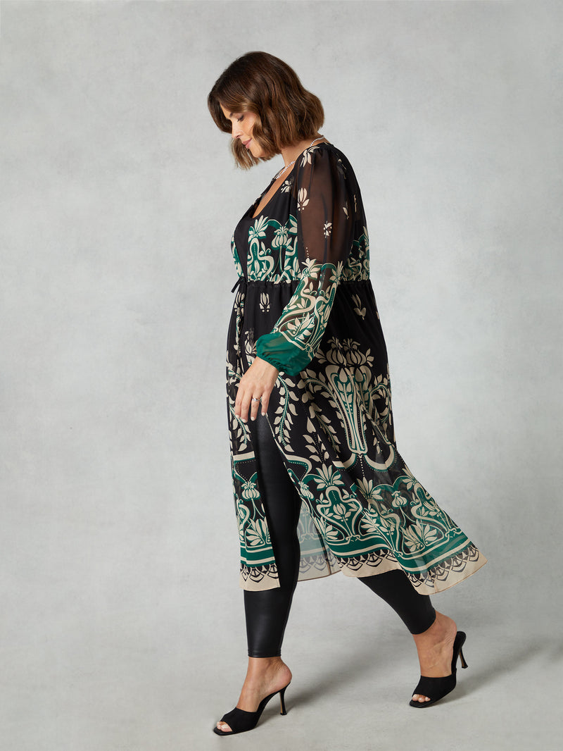 Black & Green Placement Print Longline Kimono