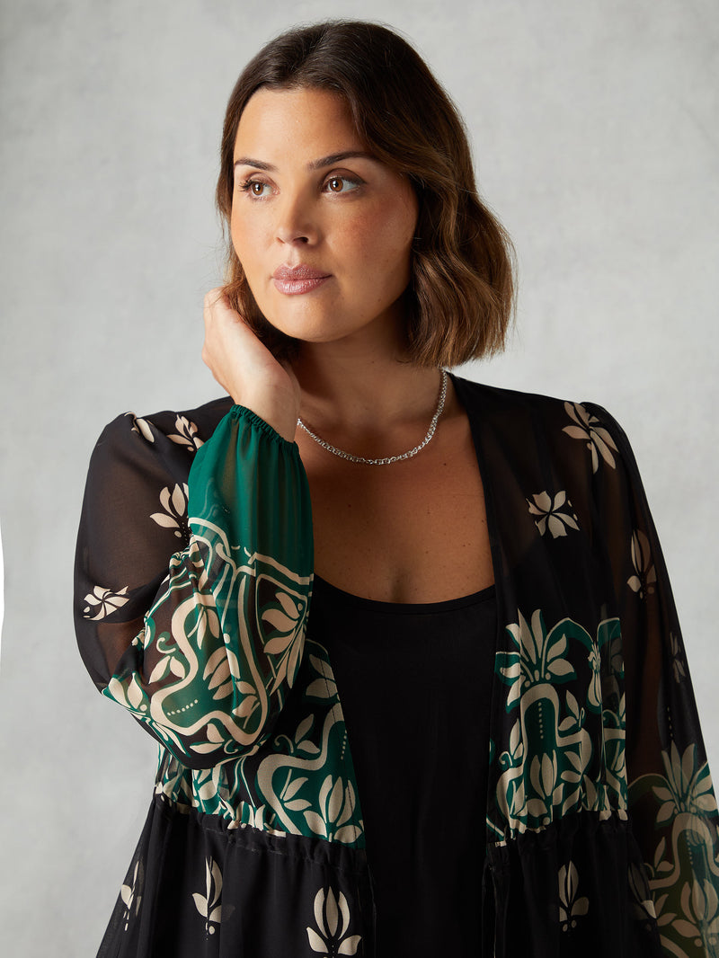 Black & Green Placement Print Longline Kimono