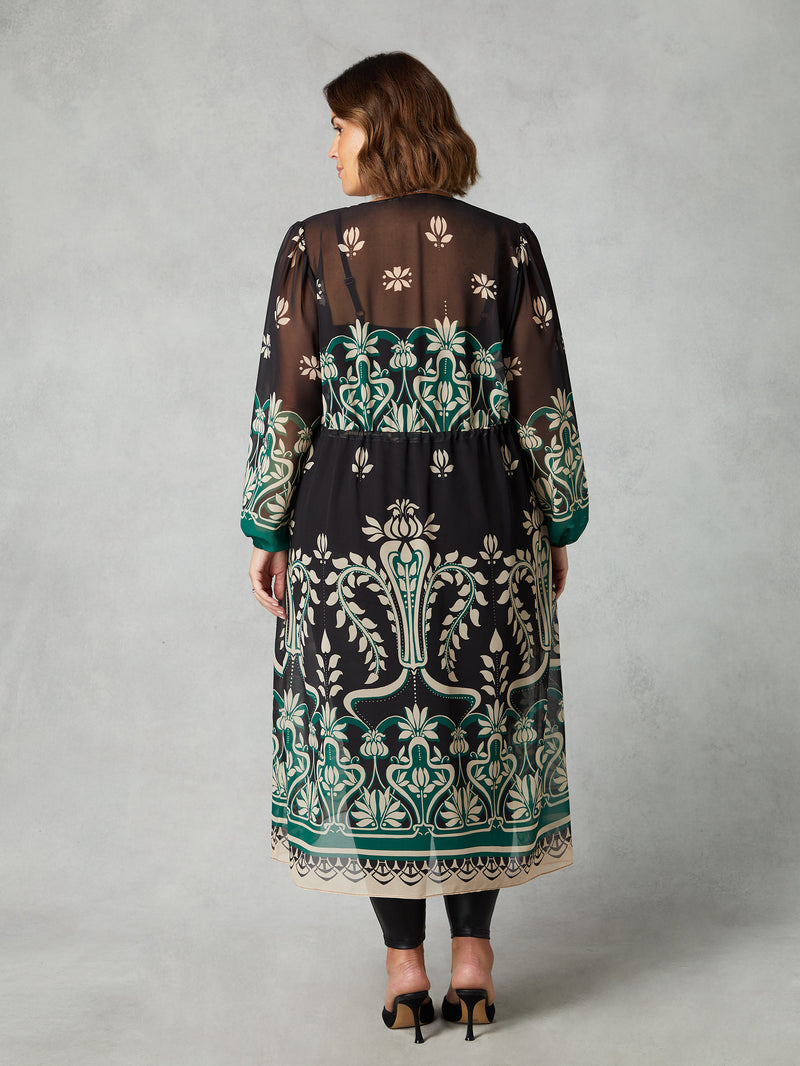Black & Green Placement Print Longline Kimono