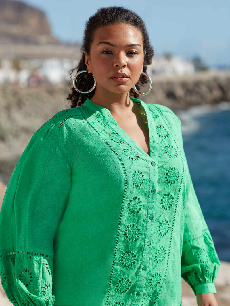 Green Cotton Broderie Shirt Dress