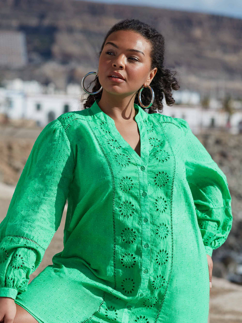 Green Cotton Broderie Shirt Dress