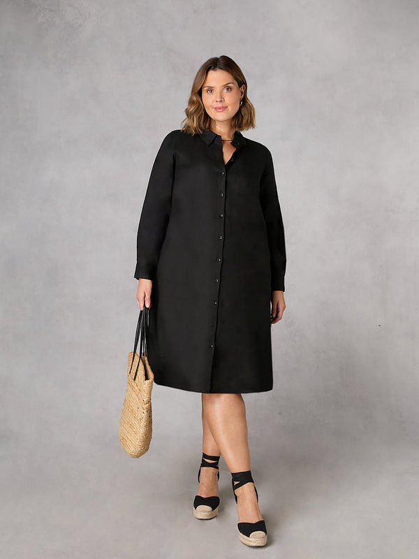 Black Linen Longline Shirt Dress