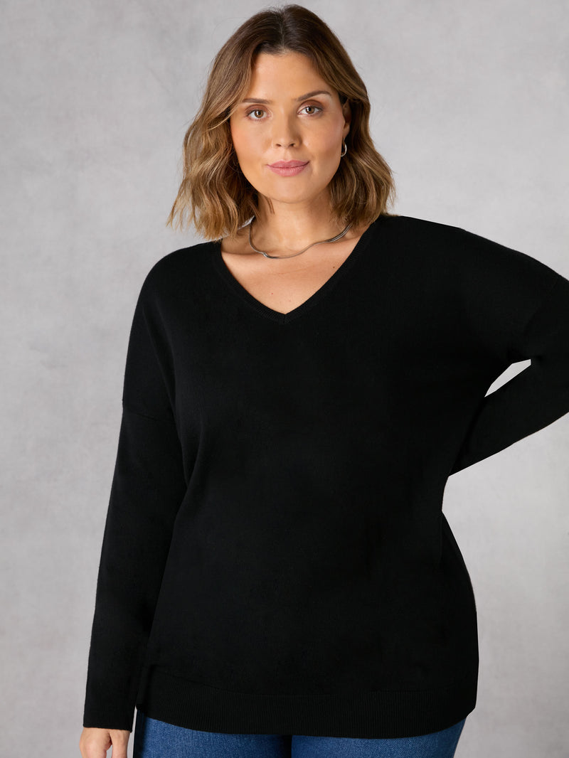 Black V-Neck Relaxed Jumper
