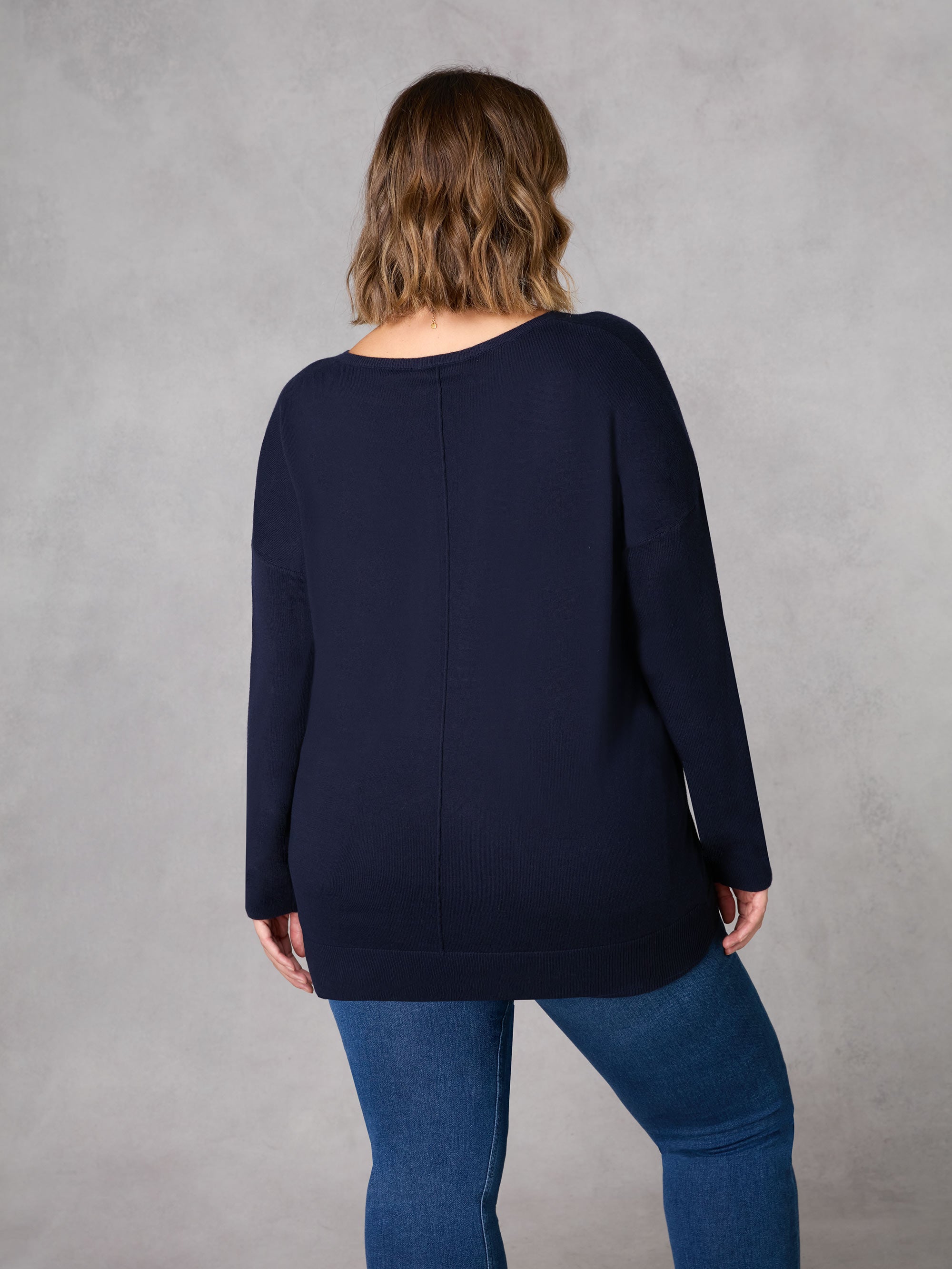Navy Fine Knit V Neck Relaxed Jumper